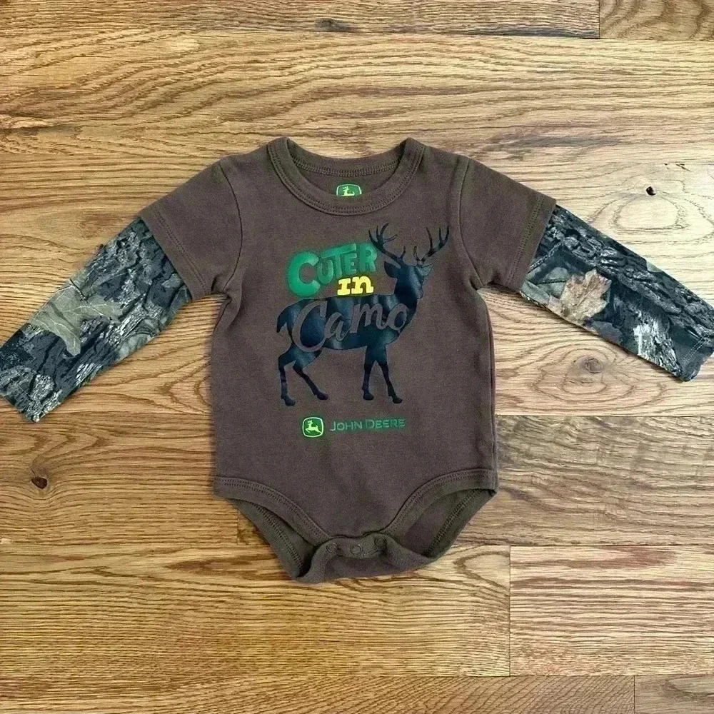 John Deere boy's brown top w/camo long sleeves, CUTER IN CAMO W/ deer size 6/9 M